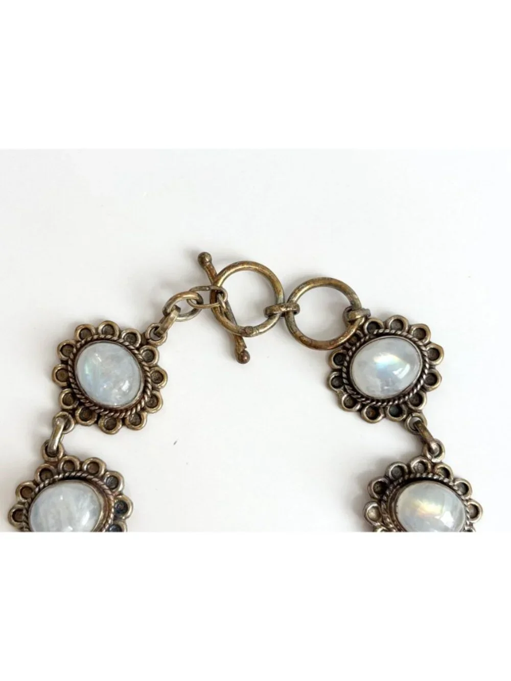 Iridescent Moonstone Vermeil Floral Sterling Silver 925 Vintage Bracelet